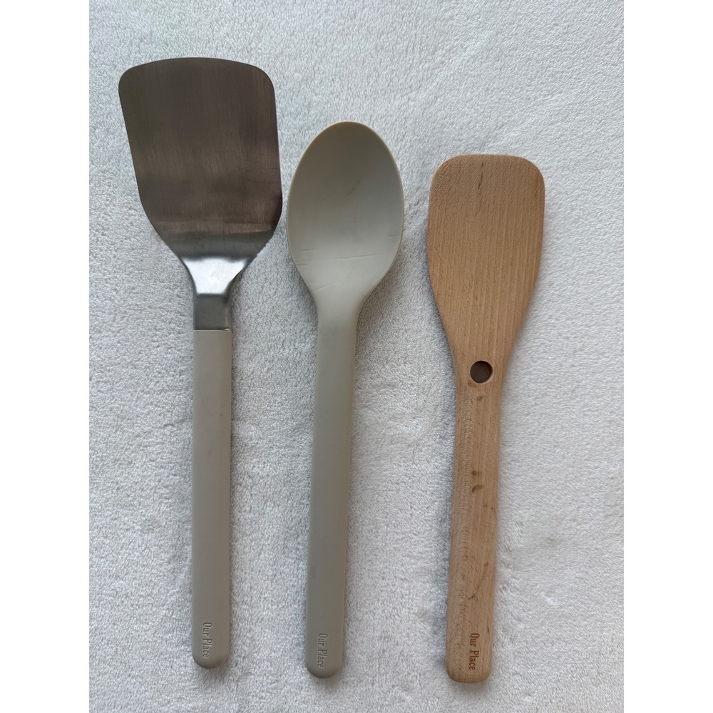 Our Place Set of 3 Cooking Utensils Silcone Spoon Stainless Turner Wooden Spoon